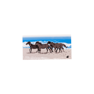 3/4" wooden replica with an illustration of wild horses on a beach with the ocean behidn them on a white background 