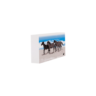 3/4" wooden replica with an illustration of wild horses on the beach next to the ocean 