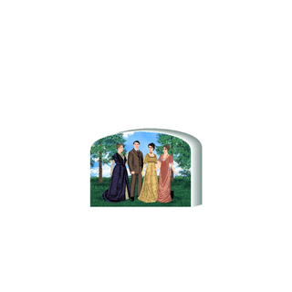3/4" thick wooden Illustration of four people in formal attire standing in a park with trees and blue sky.
