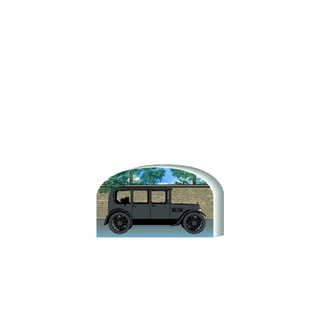 3/4" thick wooden Vintage car with a scenic reflection on a white background