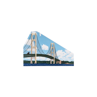 3/4" wooden replica with an illustration  of a suspension bridge with a blue sky and clouds.