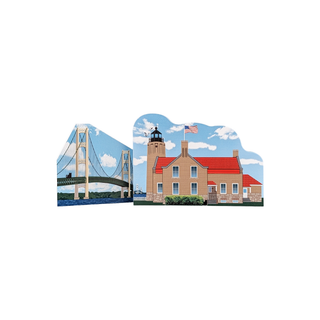 Two decorative 3/4" wooden replica with an illustration  of a lighthouse and a bridge on a white background