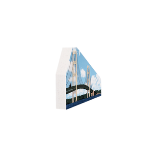 3/4" wooden replica with an illustration  of a suspension bridge with a blue sky and clouds.