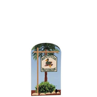3/4" wooden replica with an illustration  of a Decorative sign with palm tree and 'English Pub' text on a white background