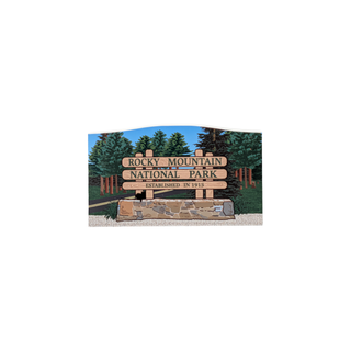 3/4" wooden replica with an illustration of a Sign for Rocky Mountain National Park with trees in the background