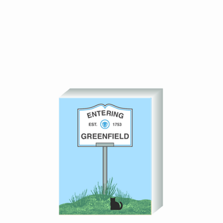 Wooden 3/4" Replica with a sign designating 'Entering Greenfield' on a white background