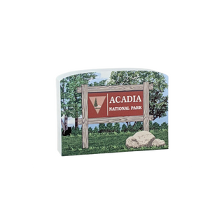3/4 thick wooden illistration of the sign at the entrance of Acadia National Park. 