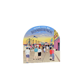 3/4" wooden replica with an illustration of a boardwalk scene with people and a Ferris wheel, labeled 'Ocean City, MD Boardwalk'.