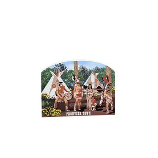 3/4" wooden replica with an illustration with Native American-themed illustration and 'Frontier Town' text on a white background.