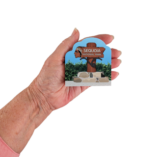 Hand holding a Sequoia National Park wooden replica on a white background
