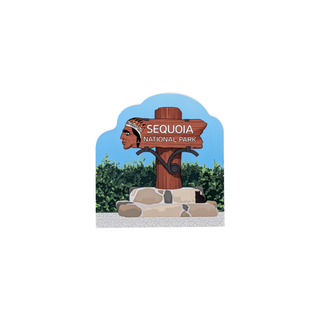 Sequoia National Park woodne replica sign with a Native American design on a white background
