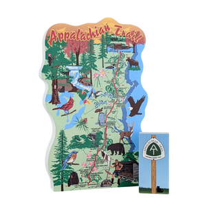 3/4" thick wood Map of the Appalachian Trail with illustrations and a small sign on a blue background