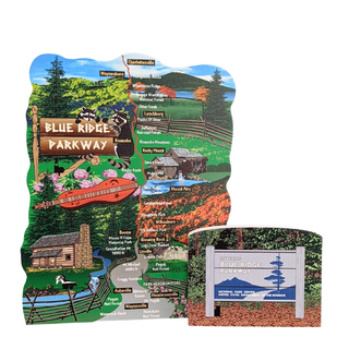 3/4" thick wooden illustration of a map of the Blue Ridge Parkway with scenic views and landmarks and a sign