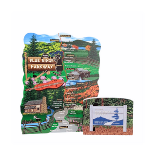 3/4" thick wooden illustration of Blue Ridge Parkway and a park sign on a white background