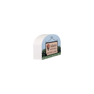 3/4" wooden replica with an illustration of  a park entrance sign for Adams National Historical Park on a white background