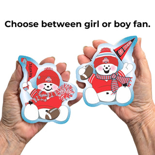 3/4" thick wooden replica with an illustration Two snowman stickers held by hands, with text 'Choose between girl or boy fan.'