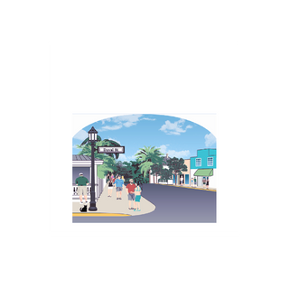 3/4" thick wooden illustration of a street scene with palm trees and people.