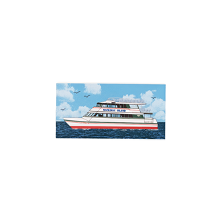 3/4" wooden replica with an illustration of  a Ferry boat on water with a blue sky and clouds in the background