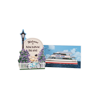 3/4" wooden replica with an illustration  of a 'Welcome to Mackinac Island' sign with a ferry and scenic background.