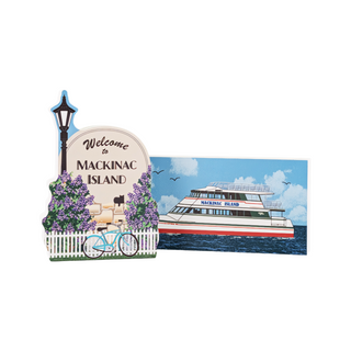 3/4" wooden replica with an Illustration of a 'Welcome to Mackinac Island' sign with a ferry and scenic background.