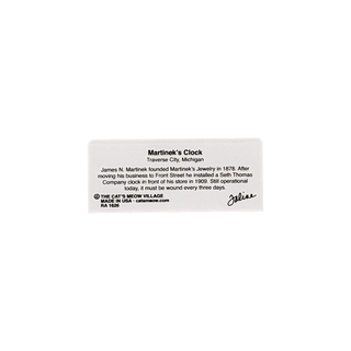 back of product with Martinek's Clock with text and branding on a white background