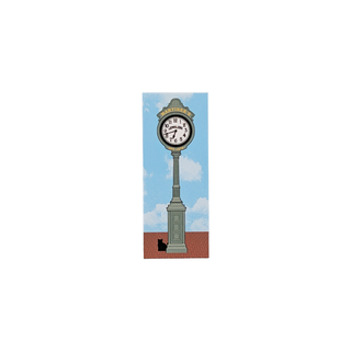3/4" wooden replica with an illustration of a  clock with a blue sky and clouds background
