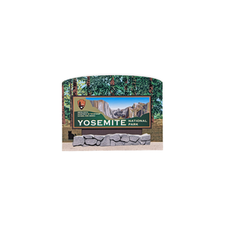 3/4" wooden replica with an illustration of a Yosemite National Park sign with scenic illustration on a white background