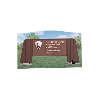3/4" thick wooden illustration of New River Gorge National Park and Preserve sign with scenic background