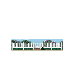 3/4" thick wooden White picket fence with greenery and a clear blue sky in the background