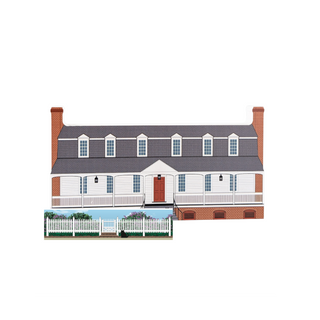 3/4" thick wooden replica of Christiana Campbell's Tavern and picket fence on white background