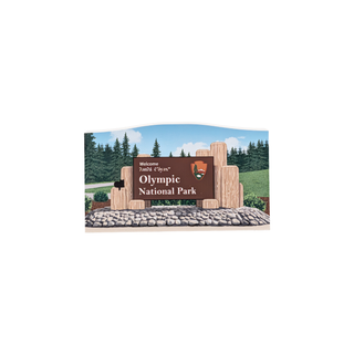 3/4" wooden cut out replica of an illustration of a Olympic National Park sign with scenic background on a white background