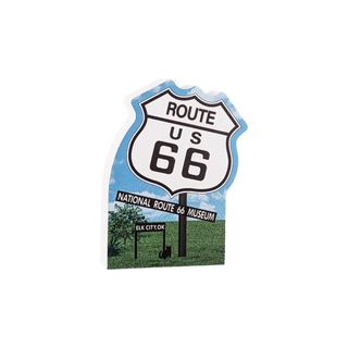 3/4" thick wood Route 66 sign with grass and trees in the background