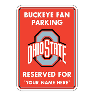 3/4" thick wooden replica with an illustration with a Red parking sign with Ohio State logo and text on a white background