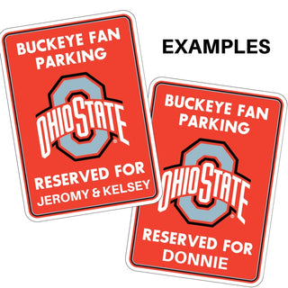Two Ohio State Buckeye fan parking signs with personalized names on a white background.