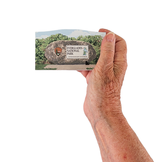 Hand holding a 3/4" thick wooden illustration of a national park sign on a white background