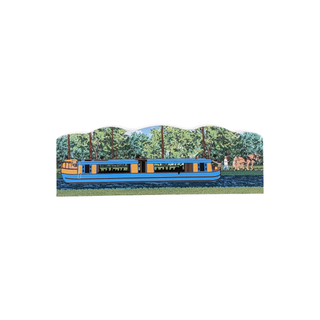 3/4" thick wooden illustration of a canal boat on a white background