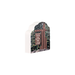  3/4" wooden replica with an illustration of the welcome to crater lake national park 