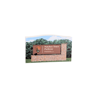 3/4" thick wooden cutout of the Natchez Trace Parkway sign with stone base and tree background