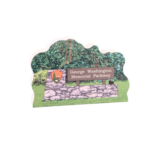 3/4" thick wooden illustration of a memorial Parkway sign with stone wall and trees on a white background