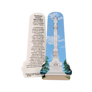 3/4" thick wooden cutout of  the Yorktown Victory Monument with descriptive text on a white background