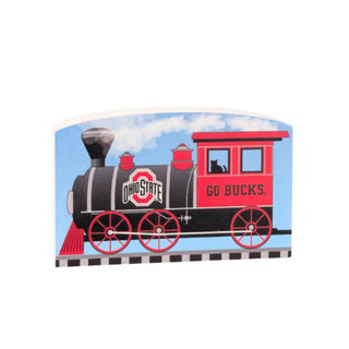 3/4" thick wooden replica with an illustration  of Train with Ohio State logo and 'Go Bucks' text on a blue sky background