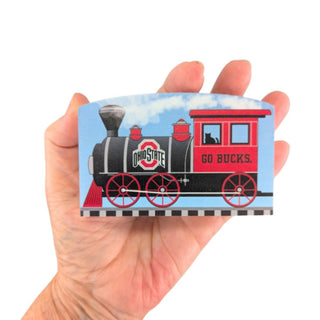 Hand holding a card with a train design and 'Ohio State' and 'Go Bucks.' text.