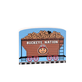 3/4" thick wooden replica with an illustration of a train car with 'Buckeye Nation' and a cartoon character on a white background
