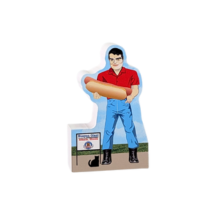 3/4" thick wood model of a man holding a hot dog with a sign in the background