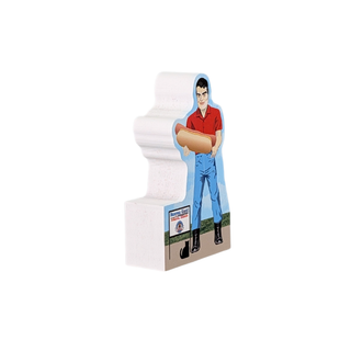 3/4" thick wood model of a man holding a hot dog on a white background