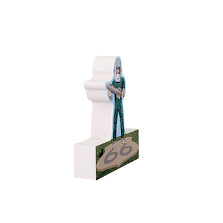 3/4" thick wood Figurine of a person in a blue suit standing on a pedestal with the number 66