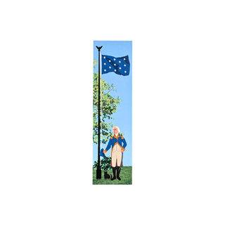 3/4" thick wooden replica with an illustration of a historical figure in blue and white clothing standing beside a flagpole with a blue flag featuring white stars, set against a light blue sky and green grass.