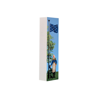 3/4" thick wooden replica with an illustration of a historical scene with a man in blue and beige clothing standing beside a tree and a blue flag with white stars, shown against a plain white background.