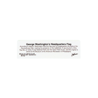 back of product with black text about George Washington's Headquarters Flag, with a small signature and museum reference details.