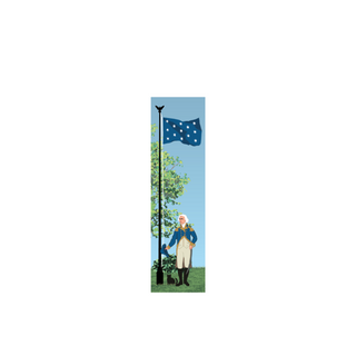 3/4" thick wooden replica with an illustration of a person standing next to a flagpole with a blue flag featuring white dots against a light blue sky.